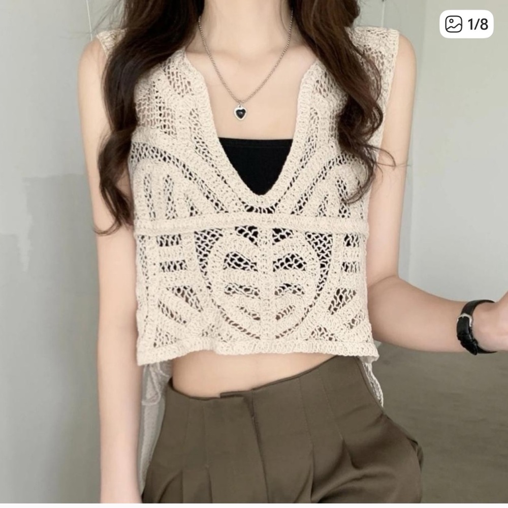 House of Harlow 1960 cream crocheted knit top V-neckline side tie Boho Cotton OS